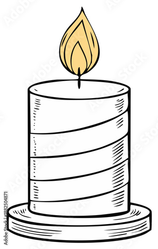 Cartoon illustration of a single striped candle with lit flame on a base in black and white