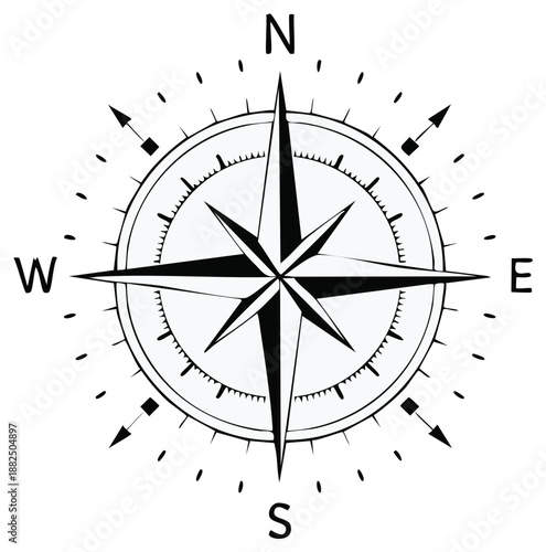 Compass rose vector illustration, navigational directions isolated.