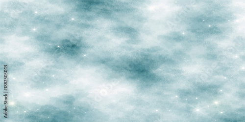 Abstract blue nature background featuring a bright summer sky with fluffy white clouds and delicate snowflakes drifting through the clear light atmosphere