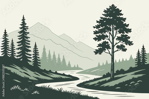 Minimal Mountain Valley Silhouette Vector