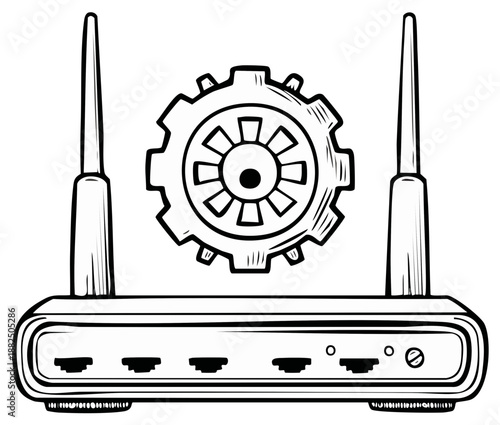 Wireless router with a gear graphic for internet settings and network configuration.