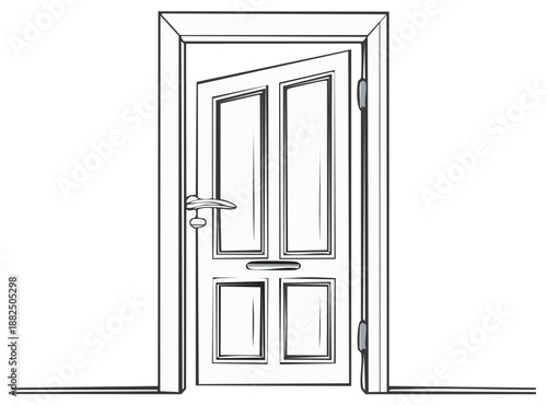 Line art illustration of a classic traditional door slightly ajar within its frame, offering entry or exit