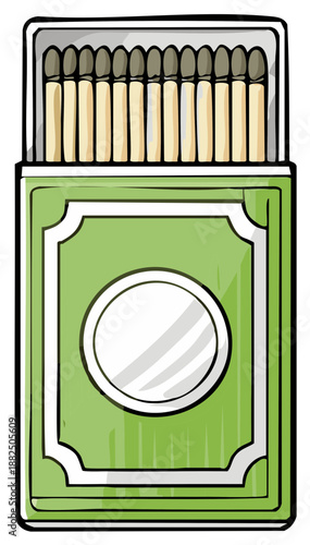 Matchbox illustration in a vintage style, green cover and matches inside