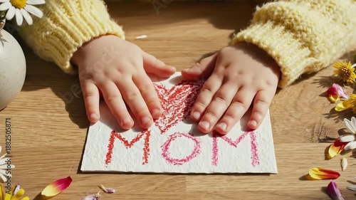 Child presenting handmade card with colorful heart and letters spelling MOM, showcasing creativity and affection through artful expression on wooden table surrounded by flowers and natural elements