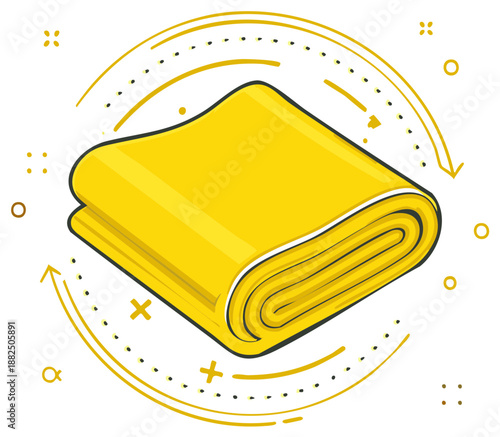 Folded bright yellow fabric roll illustration with circular directional arrows and decorative elements