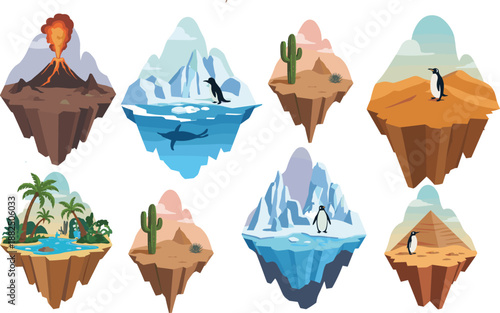 Collection of floating fantasy islands, diverse biomes with penguins, desert, ice, volcano, tropical landscapes, colorful vector illustration for creative design