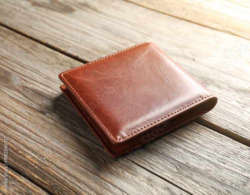 Brown Leather Wallet on Rustic Wooden Background for Lifestyle Branding and Ecommerce Use