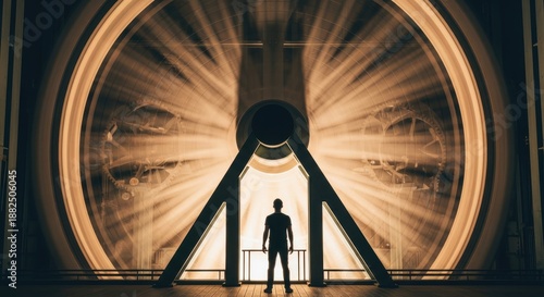 Silhouette of a person standing before a massive, rapidly spinning mechanical wheel emitting bright light.