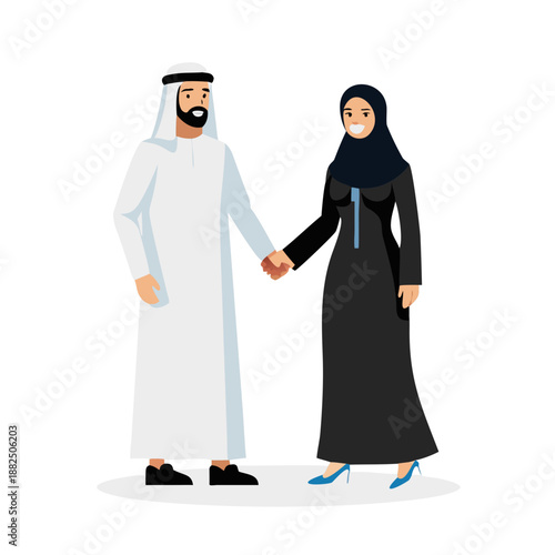Illustration of a traditionally dressed Emirati couple holding hands, the man in white kandura and the woman in black abaya and hijab.
