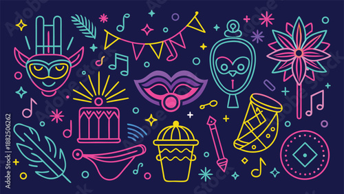 Colorful vector icons representing Mardi Gras elements like masks, beads, and festive symbols..eps