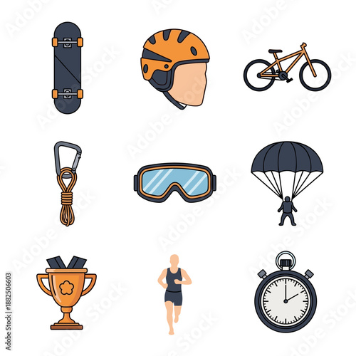 Assorted sports and adventure icons including helmet, skateboard, bicycle, climbing rope, goggles, parachute, trophy, runner, and stopwatch.