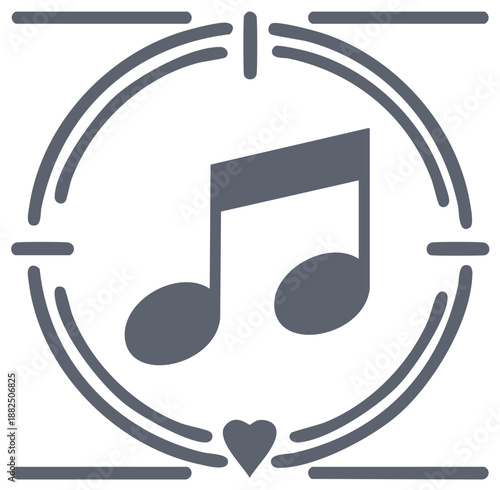 Musical Note with Heart Icon and Circular Graphic Element in Gray