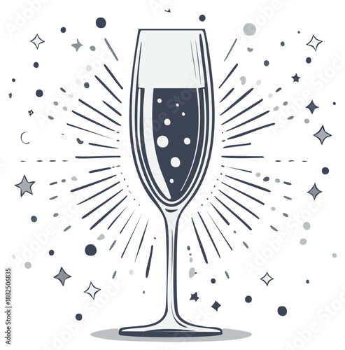 Champagne toast illustration with radiating light elements and celebratory confetti, vector graphic for festive greetings and special occasions