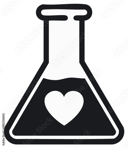 Love potion icon with a heart in a chemical lab flask representing the chemistry of love