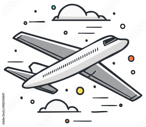 Airplane soaring through the sky with fluffy clouds and colorful accents