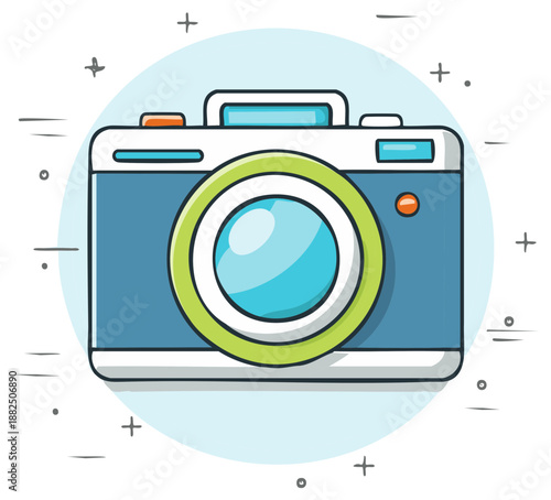 Stylized vintage camera illustration with green lens accent and abstract graphic elements