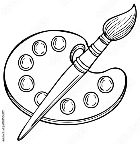 Paint palette and paintbrush drawing illustration for coloring arts and crafts activities studio work artistic composition