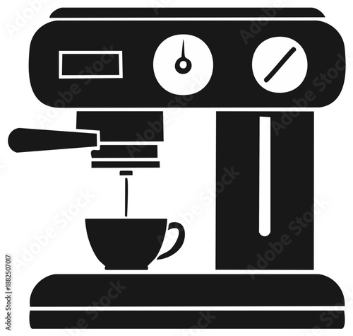 Espresso machine illustration, brewing coffee into a cup in monochrome.