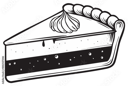 Black and white illustration of a slice of pie with whipped cream