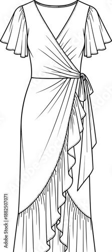 Wrap dress fashion illustration flat sketch vector showing ruffle hem, flutter sleeves, elegant womens apparel design technical drawing for catalog