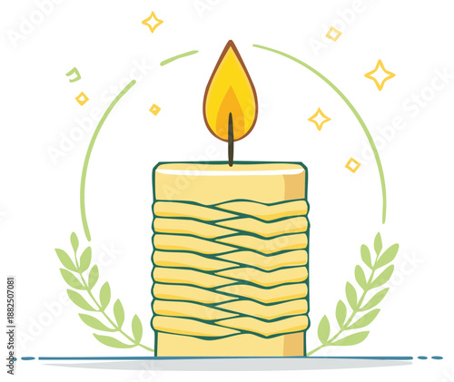 Cute decorative candle flame with leaves and sparkles for celebration or festive design