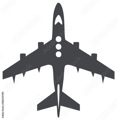 Simple passenger jet aircraft silhouette from above, a flat vector icon for travel and transport