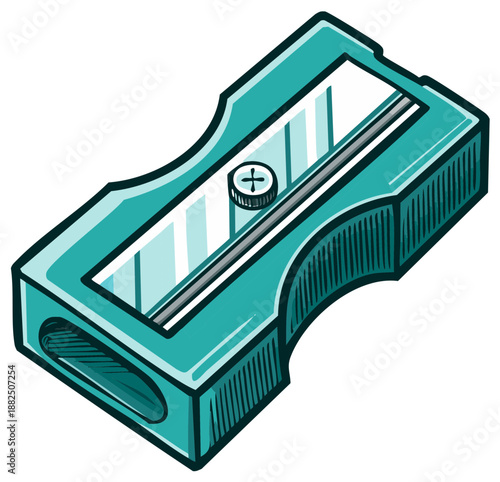 Turquoise manual pencil sharpener with metal blade and screw detail