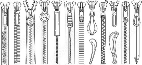 Zipper, set, vector, illustration, fashion, accessories, collection, technical, sketch, apparel, hardware, design, template, sewing, tools, clothing, fastener, line, art, mockup