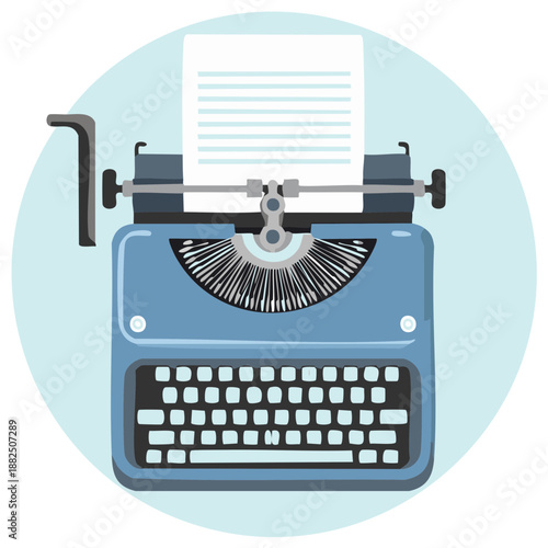 Illustration of a vintage blue typewriter with paper in a blue circle