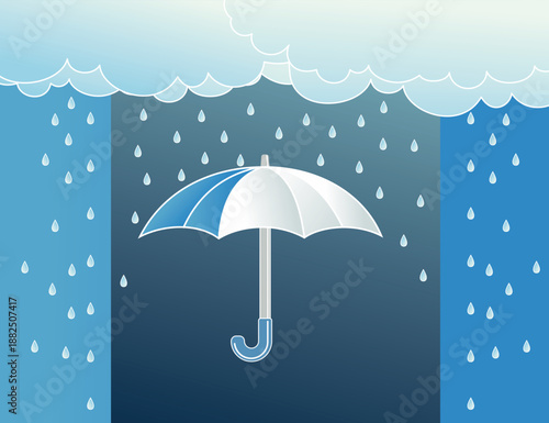 umbrella with rain drops blue background with a lot of copy space.