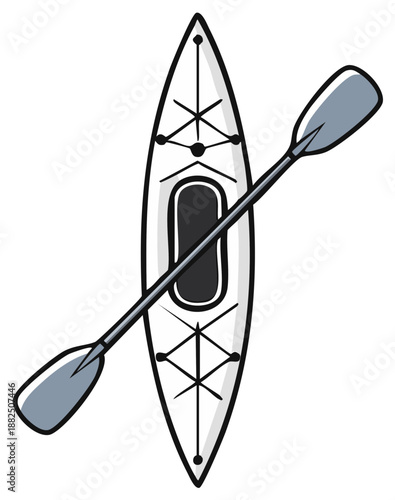 Overhead view of a white kayak boat with a paddle for recreational water sports and adventures in summer.