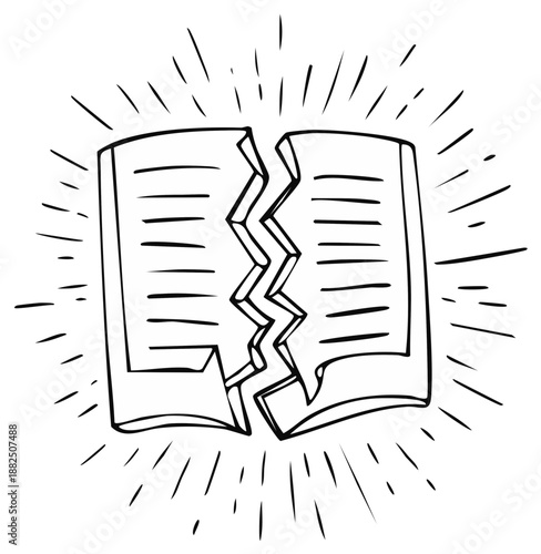 Hand drawn doodle of an open book torn in half symbolizing disagreement conflict and breaking rules