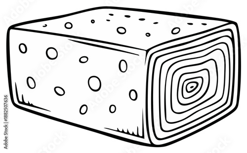 Cartoon block illustration showing texture and spots in black and white outline graphic format.