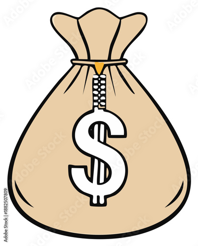 Cartoon Styled Beige Money Bag with White Dollar Symbol Securing a Cash Stash