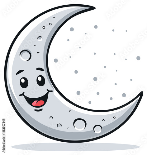 Happy Crescent Moon Character with Craters and Starry Night Sky Cartoon Vector Illustration
