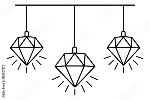 Line art pendant lighting set featuring three diamond-shaped fixtures emitting light for modern home decor