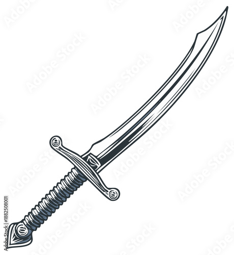 Vintage curved saber sword with detailed hilt in ancient engraved monochrome style artwork