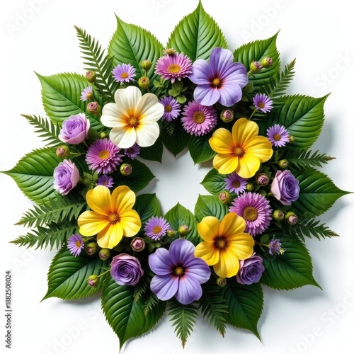 Vibrant floral wreath with purple and yellow blooms