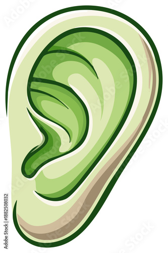 Stylized green ear illustration, anatomical drawing in vector art style, auditory organ design.