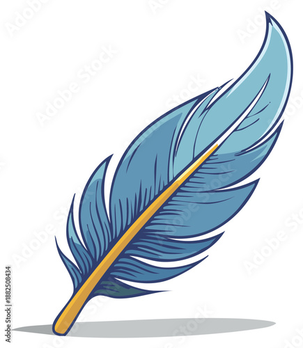 Graceful vibrant blue feather artwork with bright yellow quill delicate and light design element for creativity and writing