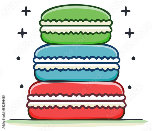 Colorful macarons tower illustration stacked green blue red delicious french pastries food sweet treats