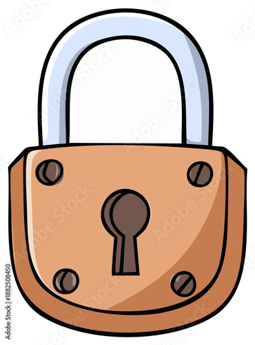 Cartoon Padlock Illustration for Security and Privacy with Metal Hasp and Rusty Body