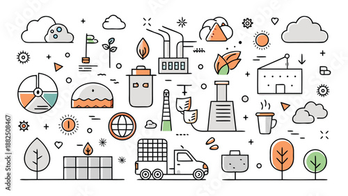 Thirty line-style icons depicting different forms of pollution, illustrating environmental concerns and impacts..eps