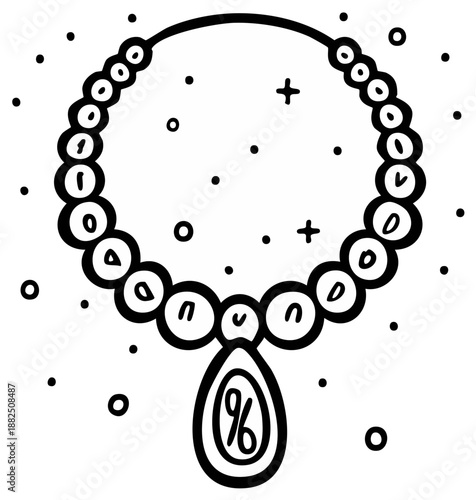 Hand-drawn necklace illustration with pearl beads and teardrop pendant