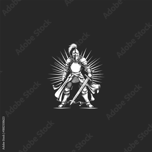Heroic knight in full plate armor holding a sword with radiant light rays background, vintage hand-drawn engraving style monochrome illustration.