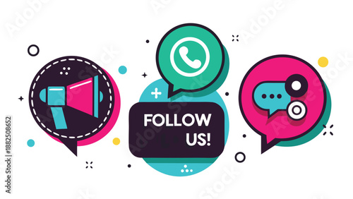 Follow us sign featuring colorful speech bubbles, encouraging engagement and interaction with the audience..eps