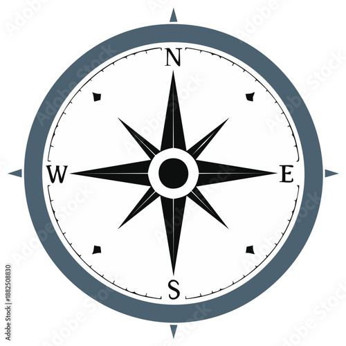 Navigational Compass Rose with North South East West Points, Black and Gray Color Scheme