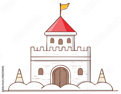 Whimsical cartoon castle with a red roof yellow flag and battlements fairytale kingdom illustration