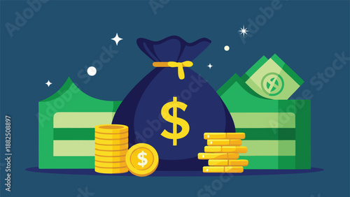 A filled money bag with dollar coins and bills, representing savings and financial abundance..eps