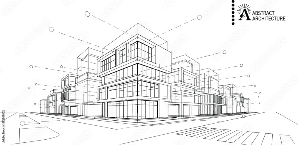 Fototapeta premium Abstract architectural vector of a modular glass block building complex at a street corner with technical survey lines.